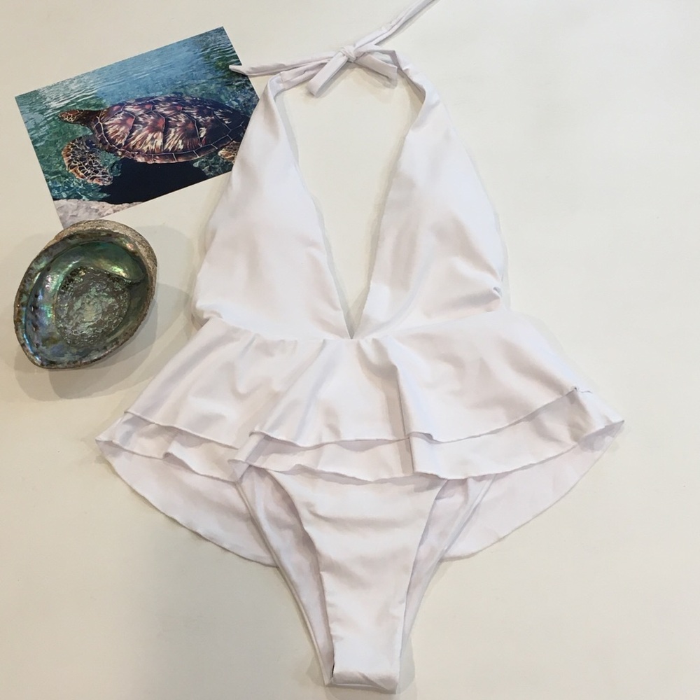 White Deep V-Neck Ruffled WaistOne Piece Swim Suit